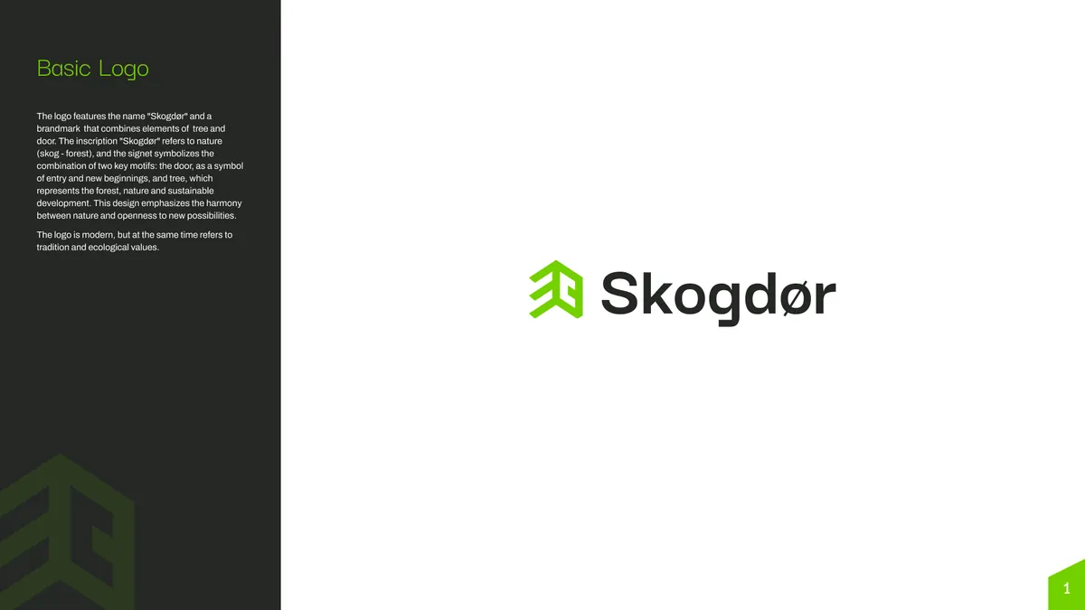 Skogdor: podstawowe logo poziome, zielony sygnet ze szewronów i ciemny napis Skogdør na białym tle