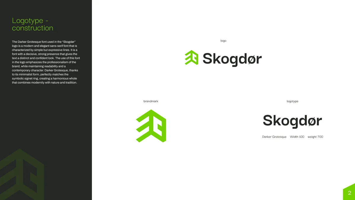 Skogdor: konstrukcja logotypu, logo poziome, osobny zielony sygnet i napis Skogdør z opisem kroju