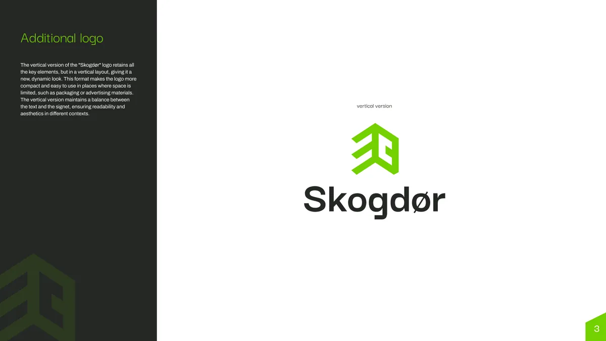 Skogdor: dodatkowa pionowa wersja logo z zielonym sygnetem nad napisem Skogdør na białym tle