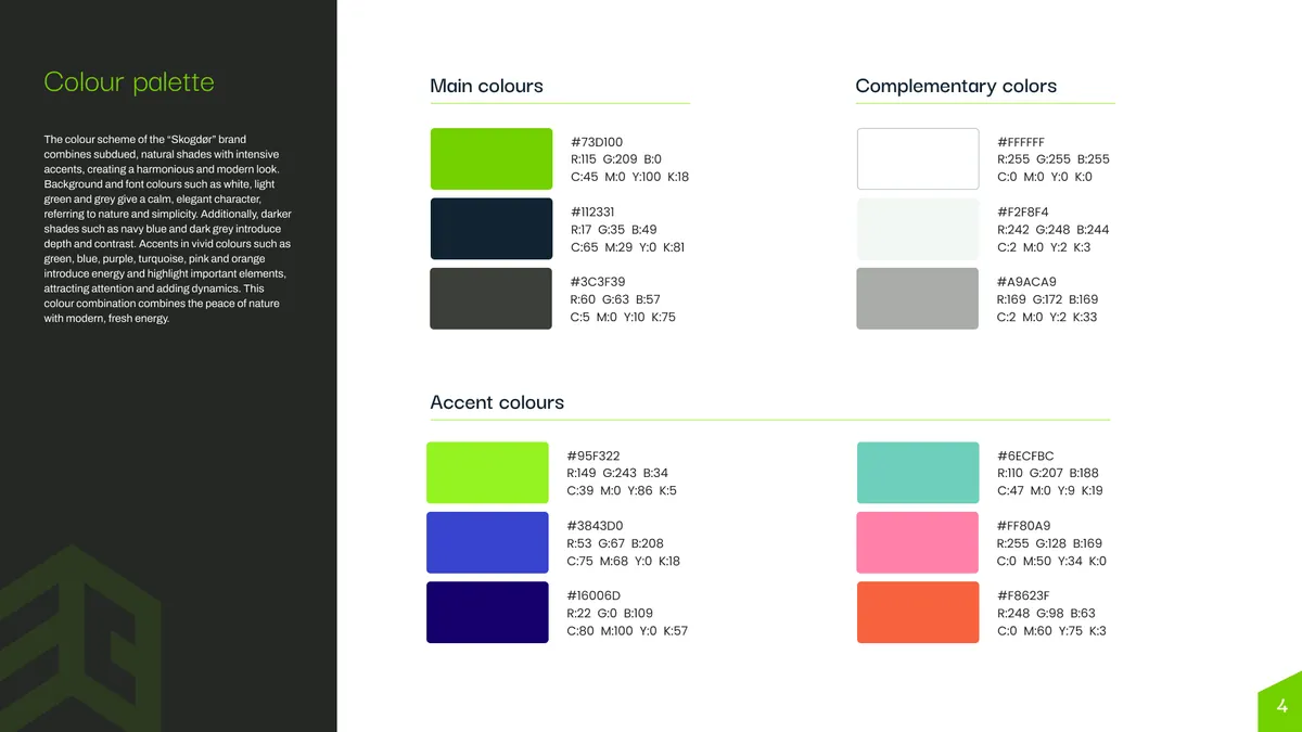 Skogdor: color palette, lime green, navy, graphite and accent colors with HEX, RGB and CMYK codes
