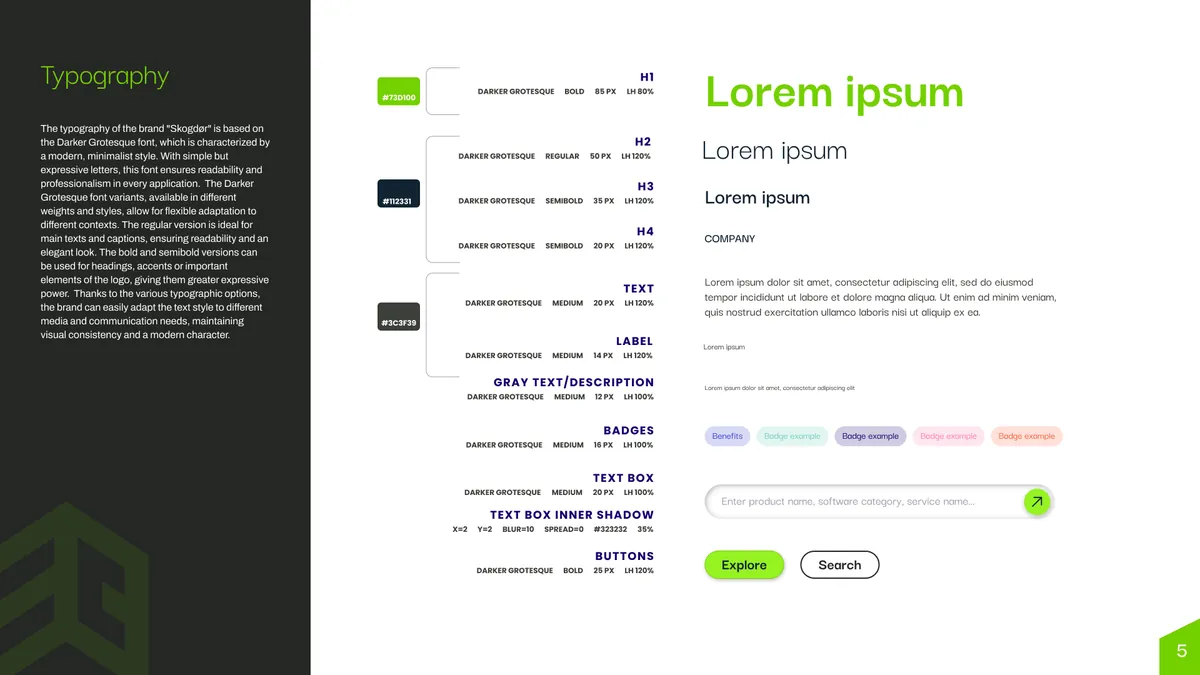 Skogdor: typografia marki, krój Darker Grotesque w hierarchii nagłówków, tekstu, etykiet i przycisków
