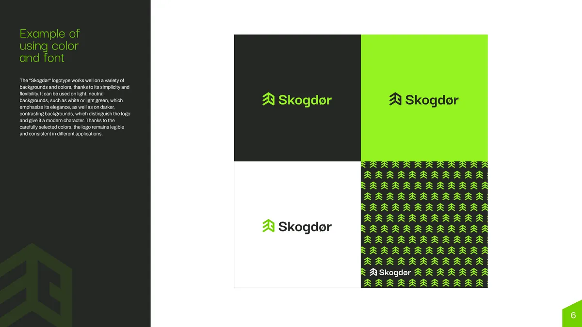 Skogdor: logo on black, lime and white fields and on a dark chevron pattern