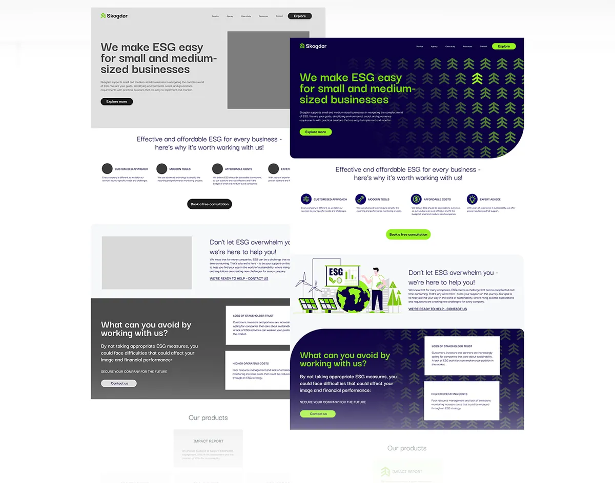 Skogdor: szara makieta obok gotowego projektu landing page z hasłem We make ESG easy