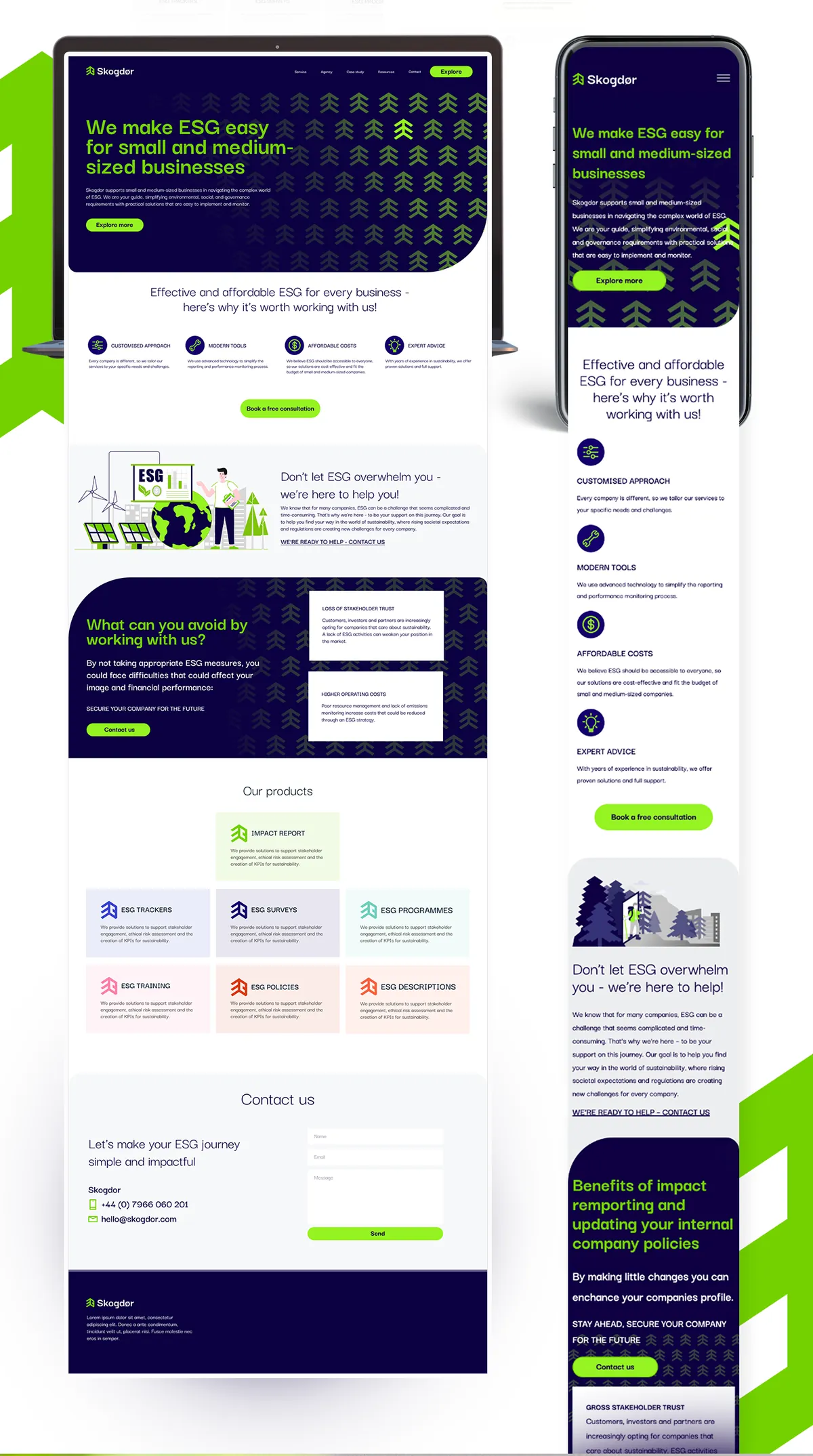 Skogdor: pełny landing page na desktop i telefon, sekcje korzyści, produktów i formularz kontaktowy