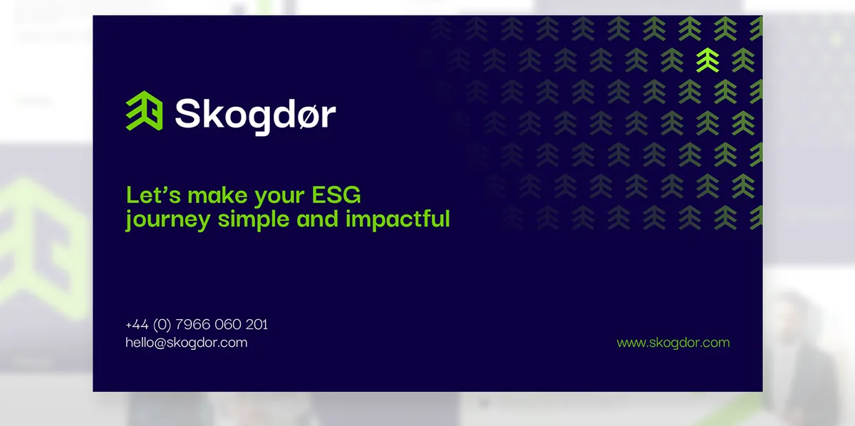 Skogdor: slajd końcowy pitch decku z logo, hasłem Let's make your ESG journey simple and impactful i kontaktem