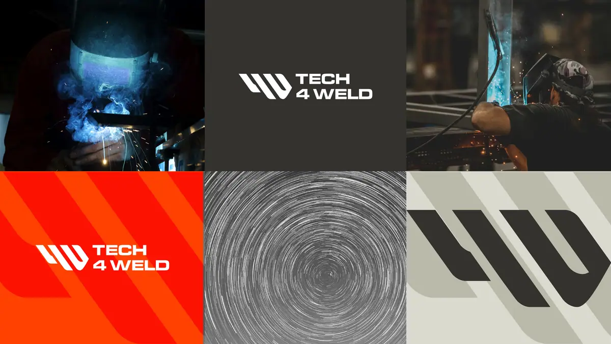 Tech 4 Weld: zdjęcia spawania, logo na grafitowym i pomarańczowym tle oraz powiększony sygnet