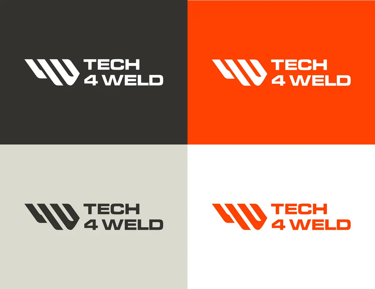 Tech 4 Weld: logo w czterech wersjach, na grafitowym, pomarańczowym, szarym i białym tle