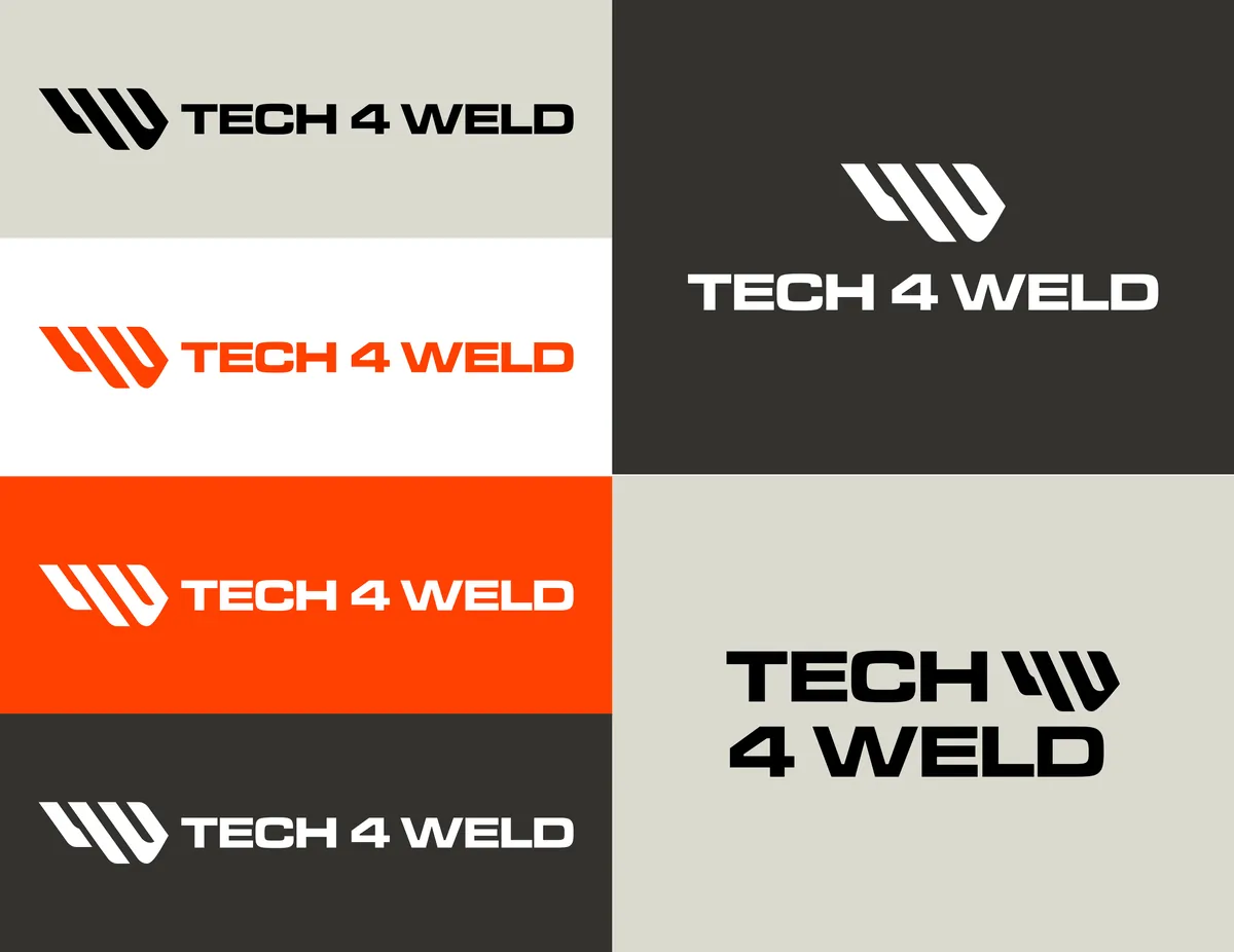 Tech 4 Weld: wersje logo, jednowierszowa, z sygnetem nad napisem i dwuwierszowa, na grafitowym, pomarańczowym, białym i szarym tle