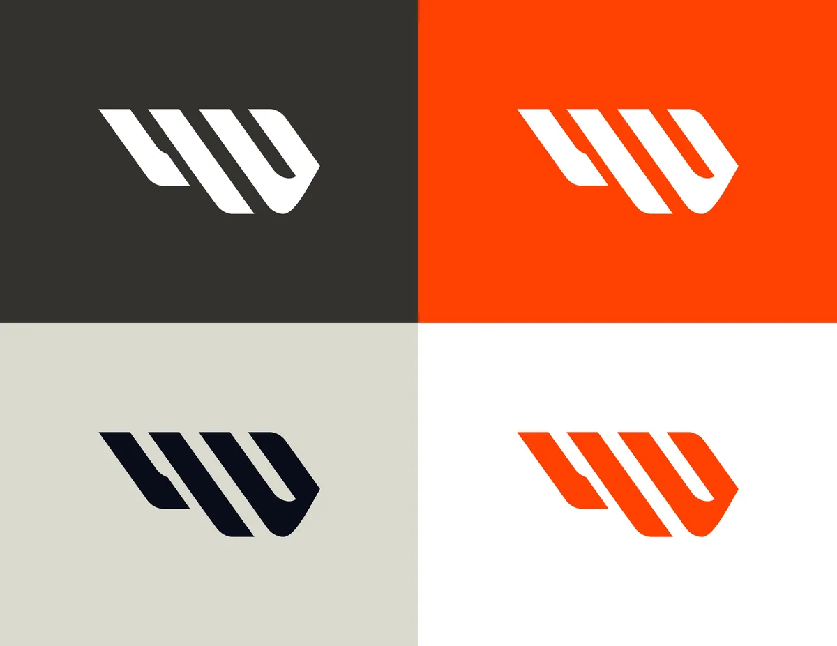 Tech 4 Weld: 4W brandmark in four versions, on graphite, orange, gray and white backgrounds