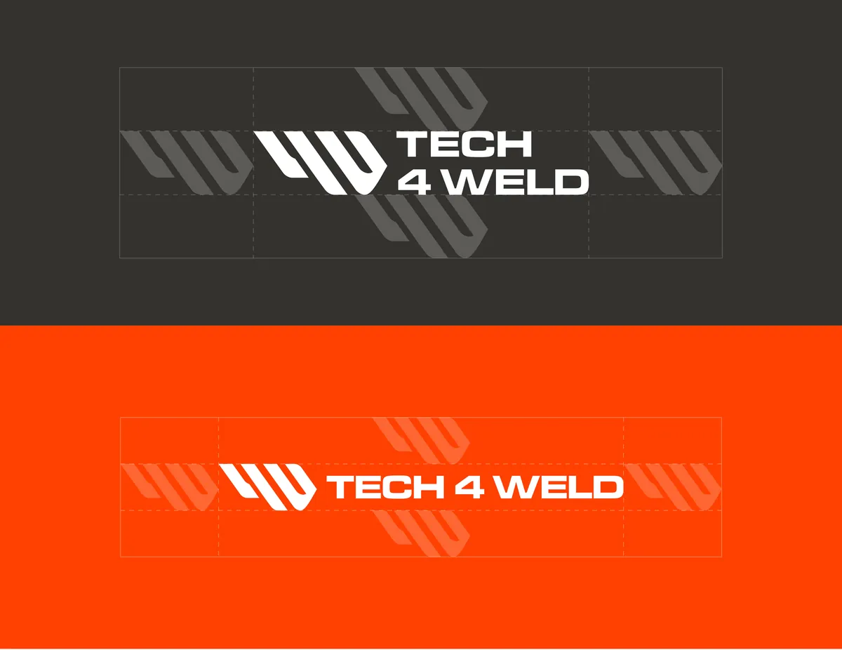 Tech 4 Weld: pole ochronne logo wyznaczone sygnetem, wersja dwuwierszowa na grafitowym i jednowierszowa na pomarańczowym tle