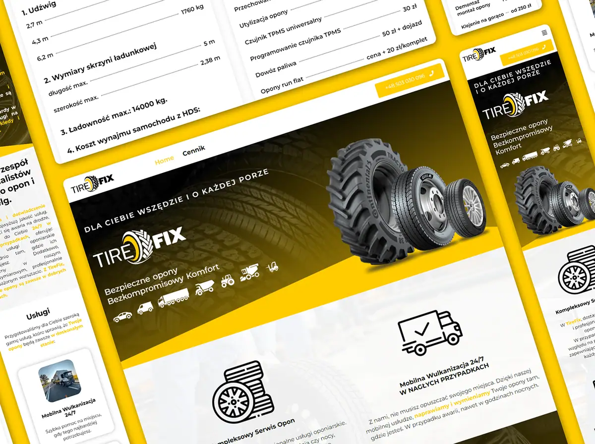 TireFix: strona serwisu opon w czerni i żółci na desktopie i telefonie, z cennikiem i danymi HDS