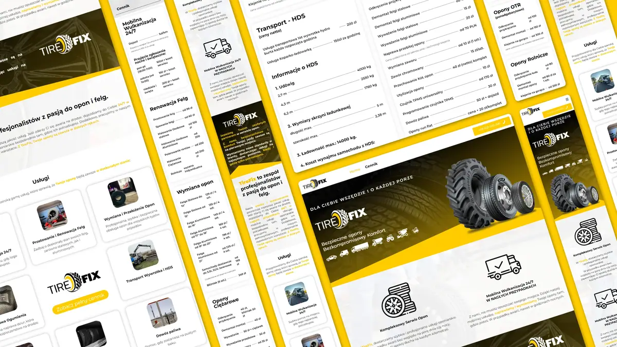 TireFix: podstrony z kartami usług i cennikiem opon ułożone ukośnie na żółtym tle