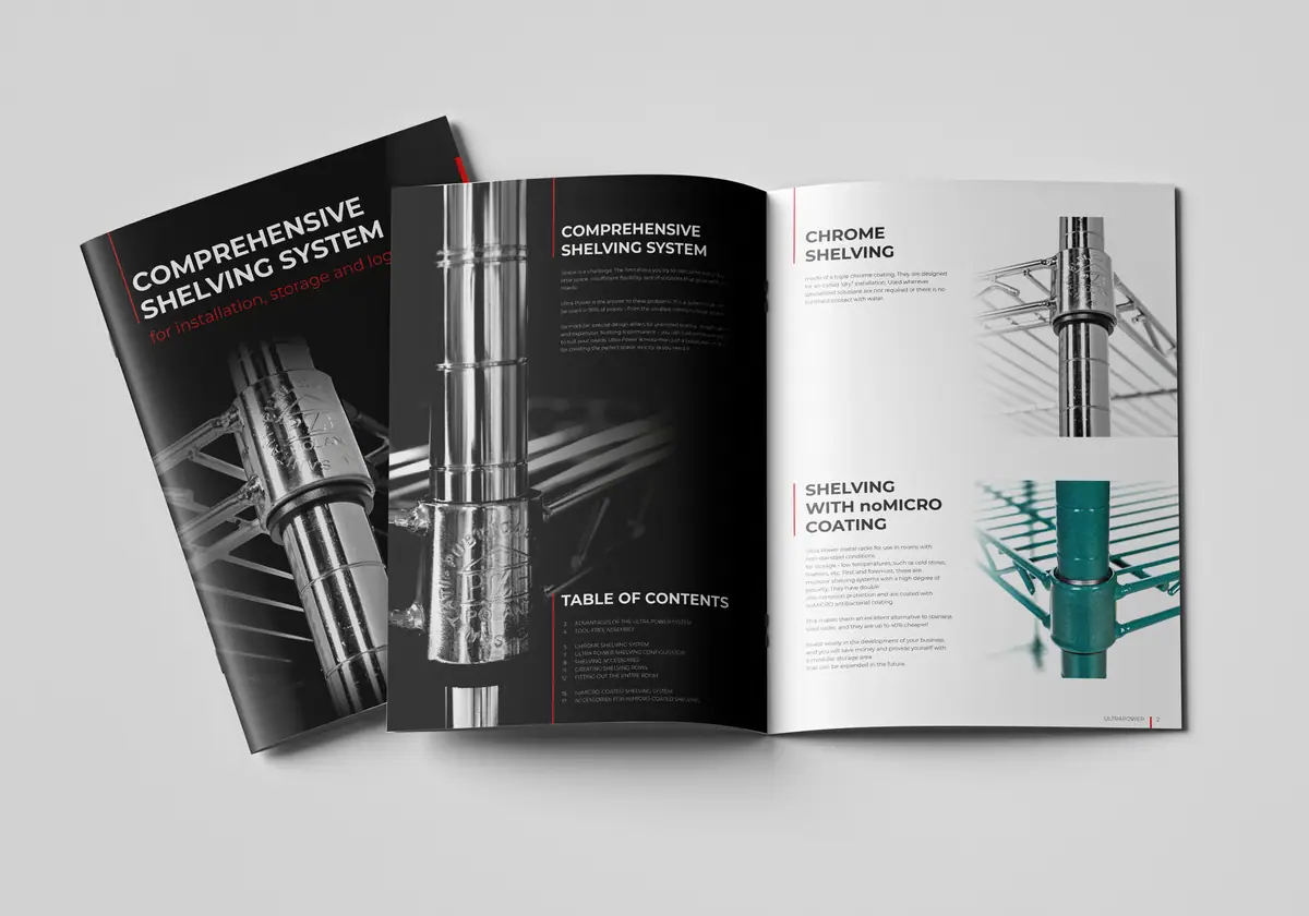 Ultra Power: czarna okładka katalogu i rozkładówka ze spisem treści oraz regałami chromowanymi i zielonymi