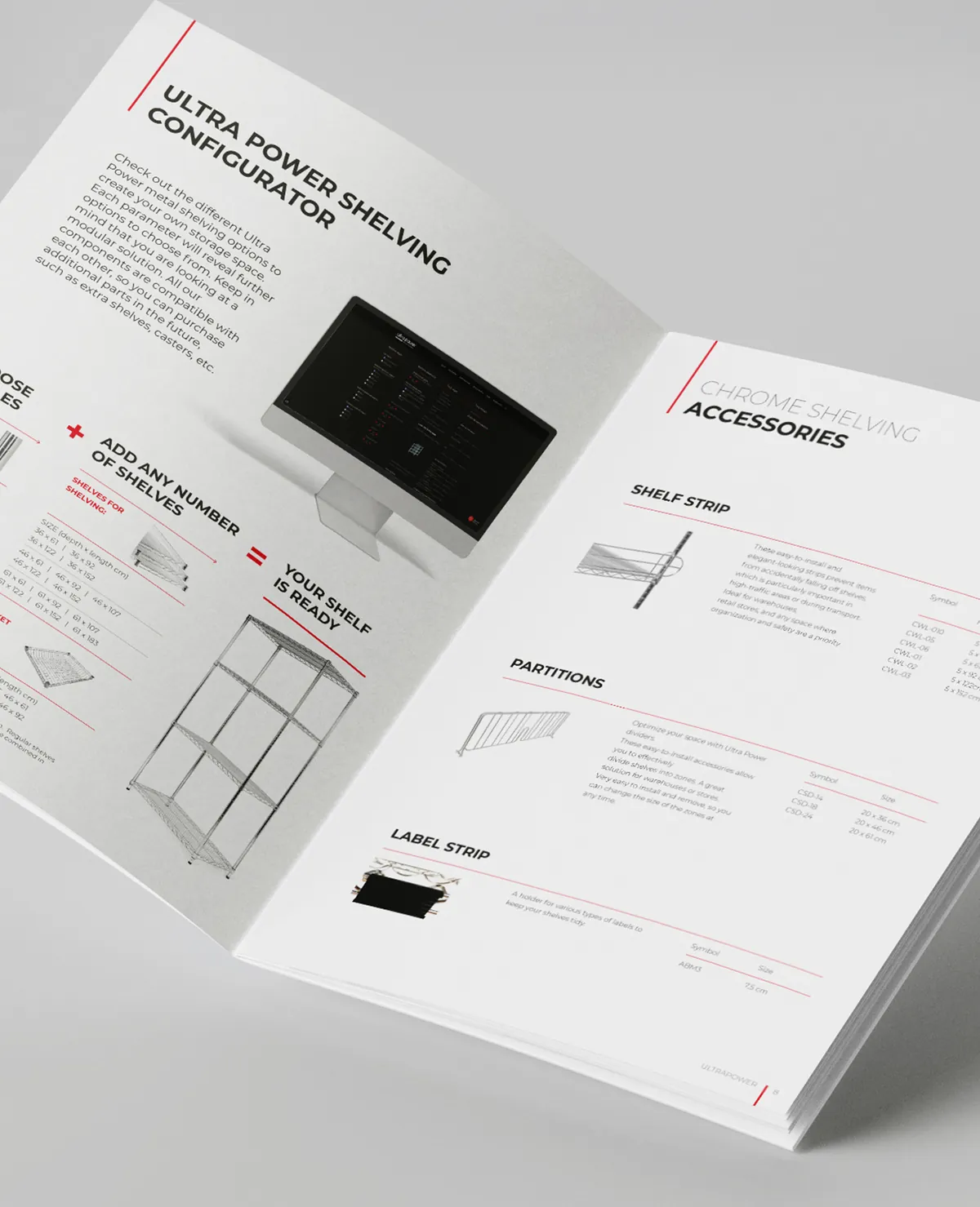 Ultra Power: spread with a shelf configurator on a monitor and an accessories page: rails, dividers, labels