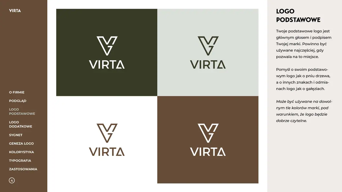 Virta: logo podstawowe z sygnetem nad napisem na ciemnooliwkowym, szarozielonym, białym i brązowym tle