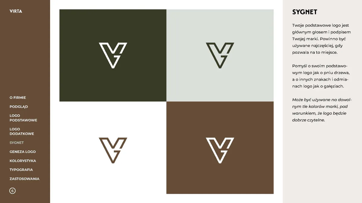 Virta: V brandmark in white and brown on dark olive, gray-green, white and brown backgrounds