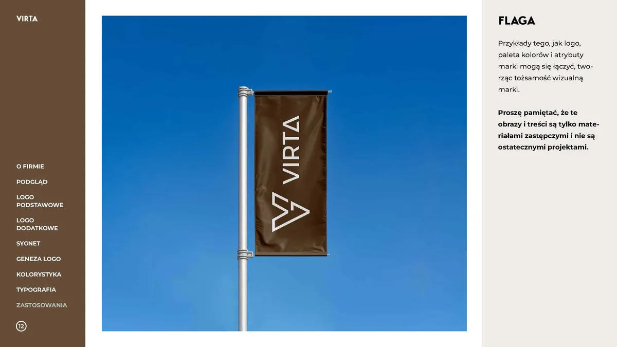 Virta: brown flag with a white logo on a pole against a blue sky