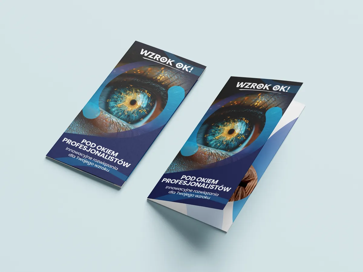 Wzrok OK!: dwie złożone ulotki DL z logo, zbliżeniem oka i hasłem Pod okiem profesjonalistów na jasnym tle