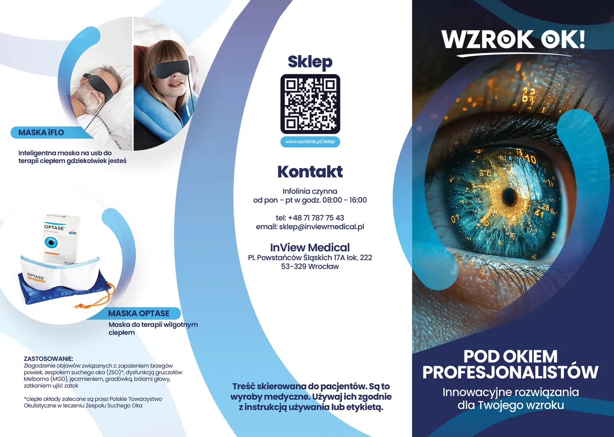 Wzrok OK!: zewnętrzna strona ulotki z okładką z okiem, kodem QR sklepu, kontaktem InView Medical i maskami do oczu