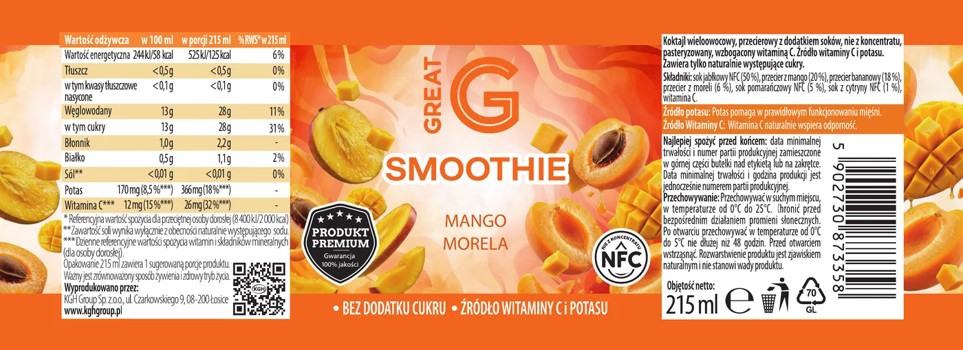 Etykieta GREAT Smoothie mango i morela, plik do druku ze spadami: tabela wartości odżywczych, front z logo, skład, kod EAN i znaki na opakowaniu